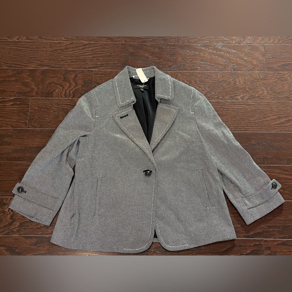 TALBOTS Womens Jacket Black White Houndstooth Cotton Pleated Back  Size 14P NEW